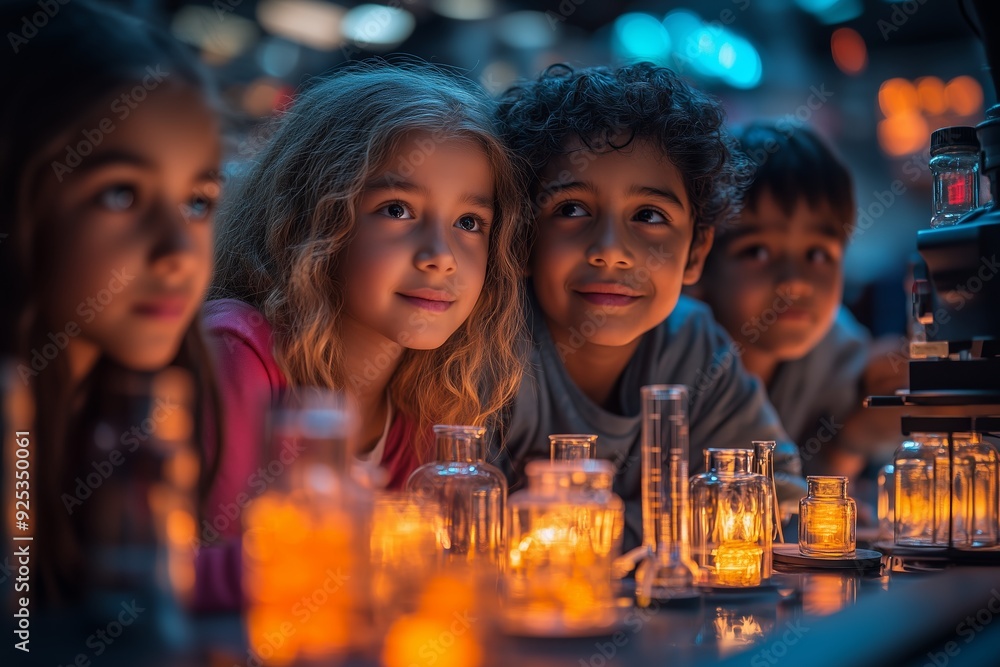 Poster children exploring colorful glowing liquids in laboratory setting at a science event during the even