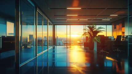 Modern Office Space with Cityscape View at Sunset