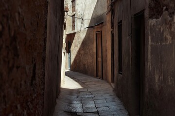 Obraz premium Anxiety: A tight, narrow alleyway with high walls closing in, shadows lurking around every corner