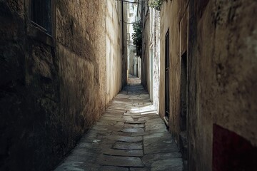 Anxiety: A tight, narrow alleyway with high walls closing in, shadows lurking around every corner