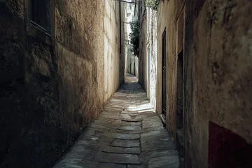 Photo sur Plexiglas Anxiety: A tight, narrow alleyway with high walls closing in, shadows lurking around every corner