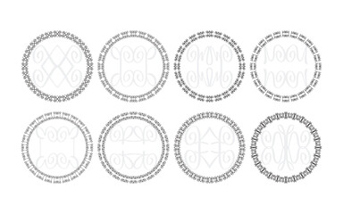 Black hand written curly motifs round borders and empty cartoon emblems design elements set on white background