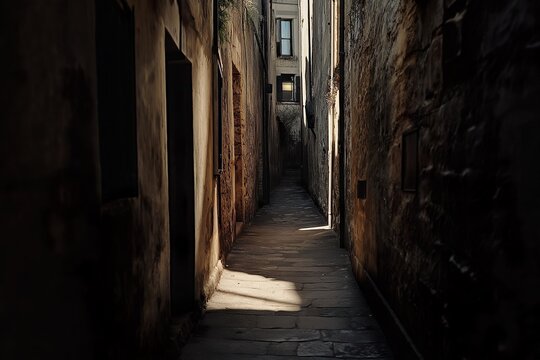 Anxiety: A tight, narrow alleyway with high walls closing in, shadows lurking around every corner
