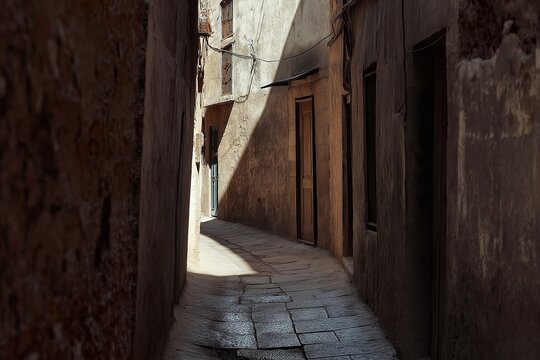 Anxiety: A tight, narrow alleyway with high walls closing in, shadows lurking around every corner