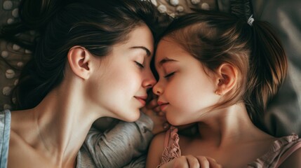 A tender moment captured between a mother and child asleep, their faces touching, embodying comfort, safety, and unconditional love.