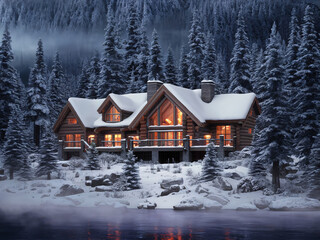 Cozy Winter Retreat: Log Cabin in Snowy Forest