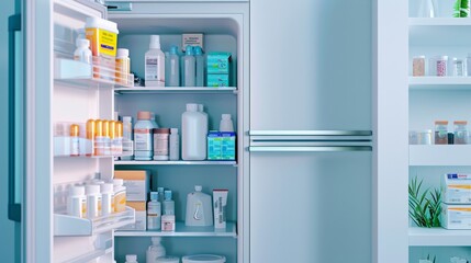 A well-organized medical fridge stocked with various medicines and healthcare supplies symbolizing healthy living and preparedness.