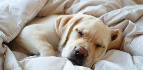 Cute portrait of Labrador puppy sleeping in bed