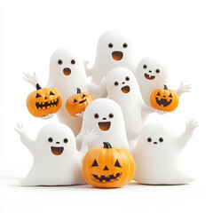 Cute cartoon ghosts holding jack-o'-lanterns, celebrating Halloween with cheerful expressions, isolated on white background