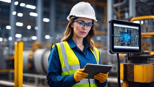 データ管理を担うヘルメット姿の女性エンジニアが工場でタブレットを操作する瞬間