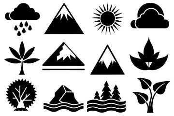 Nature Icon Styles: Mountain, River, Tree, Sun, Cloud, Leaf, Waterfall - Vector Silhouette Illustrations