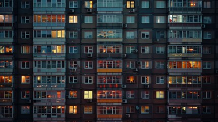 A high-rise building’s windows gleam with a mosaic of light and life against an evening sky, offering glimpses into countless urban stories.
