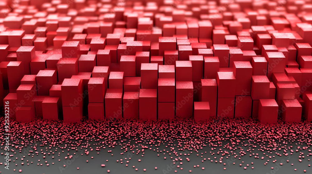 Poster a textured landscape of red cubes and particles creating an abstract visual effect.