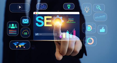 Search engine optimization marketing and online traffic on website.Business person who using a...