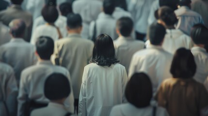 Obraz premium A lone figure stands out in a large crowd all facing the same direction, symbolizing individuality amid conformity.