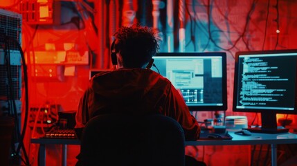 Fototapeta premium A programmer in a dark room, illuminated by blue and red lights, intensely focuses on dual screens filled with code and system diagnostics.