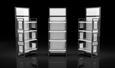 Retail metal glass display shelving with topper. 3d illustration set on black background