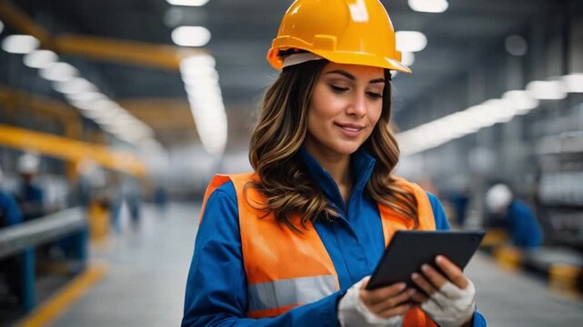 デジタル工場でタブレットを使ってデータを管理する女性技師の真剣な表情