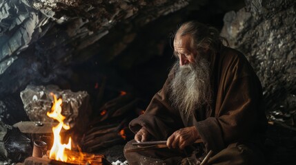 An elderly man with a long beard sits in a cave by a small fire, appearing deep in thought and reflection.