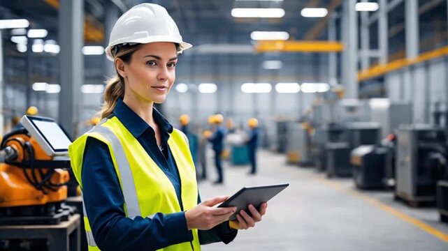 タブレットを使い工場内のデータを管理するヘルメットをかぶった女性エンジニアの姿