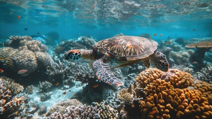 Naklejka premium A turtle swimming gracefully over a coral reef, highlighting the connection between marine species and their habitats.