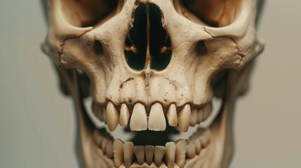Obraz premium A close-up of a human skull, meticulously captured to show bone structure and details, evoking themes of mortality and anatomy.