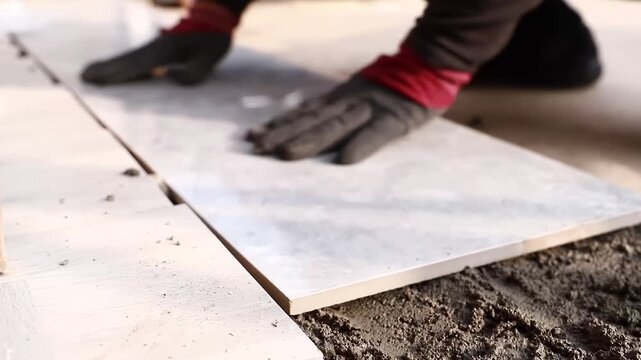 Real shot of decoration workers laying floor tiles, Installing a large ceramic tile