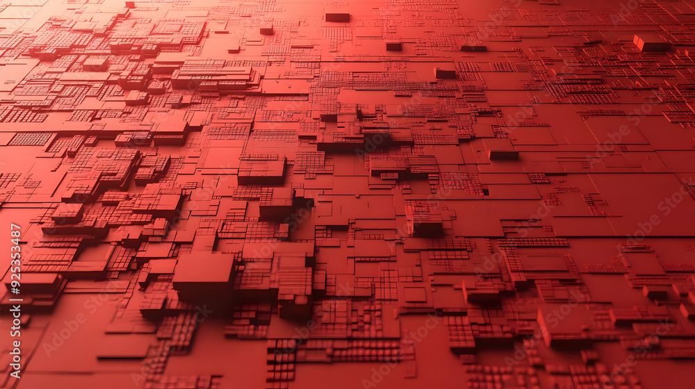 Poster a textured, abstract representation of digital circuitry in a red hue.