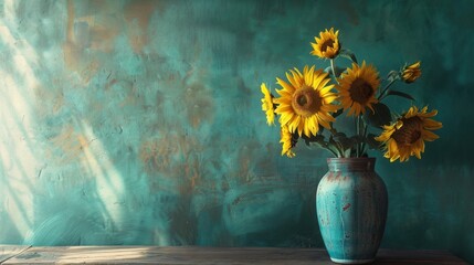 A vase of sunflowers on a wooden table.