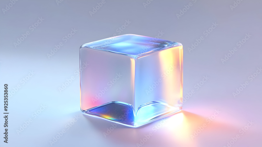 Poster a translucent cube with colorful reflections on a smooth surface.