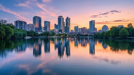 Obraz premium A view of a city skyline reflected in a calm river at dusk, blending urban life with natural beauty.
