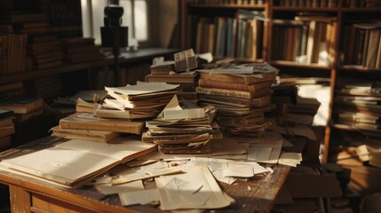 Obraz premium A cluttered wooden desk in a dimly lit library, piled high with old books and scattered papers, capturing an atmosphere of scholarly chaos.