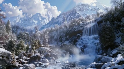 Obraz premium A waterfall in the mountains, with snow-covered rocks and trees surrounding the cascading water, emphasizing nature beauty.