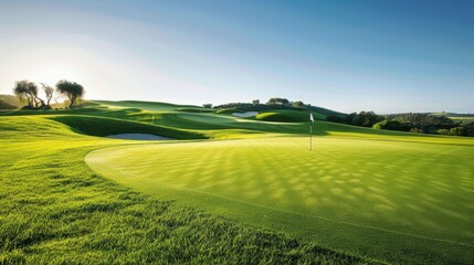 Obraz premium A well-maintained golf course with rolling hills and a series of flagsticks marking different holes.