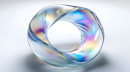 A translucent, twisted glass sculpture reflecting light in various colors.