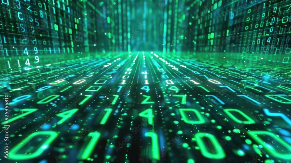 Poster binary code matrix with green and blue hues.