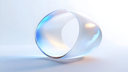 A transparent glass ring with a slight blue hue sits on a white background.