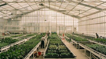 Inside a vast, bright greenhouse, rows upon rows of green plants are meticulously arranged as workers carefully tend to the lush foliage under the structured glass roof.