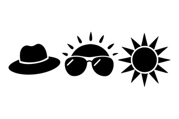 Sun and Weather Icons Sun's, sunglasses, sun hats, clear sky, sunblock. art vector illustration