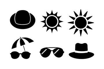 Sun and Weather Icons Sun's, sunglasses, sun hats, clear sky, sunblock. art vector illustration
