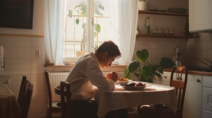 A man deeply focused on his meal, sits at a wooden table in a cozy, sunlit kitchen, surrounded by plants and homey decor, evoking a sense of calm and introspection.