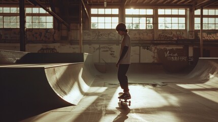 A skateboarder glides through an indoor skatepark bathed in warm, evening light, capturing the essence of urban life and youthful freedom.