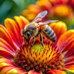 A close-up of a bee pollinating a brightly colored flower