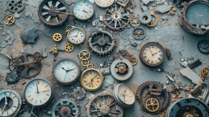 A collection of vintage clock and watch parts scattered on a weathered surface, symbolizing the passage of time and mechanical intricacy.