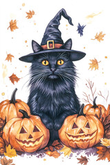 Cute black cat in a witch hat surrounded by jack-o'-lanterns and autumn leaves, perfect for Halloween illustration