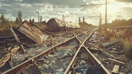 Fototapeta premium An abandoned train lies derailed among twisted tracks and debris under a dramatic sky, symbolizing devastation and the passage of time in a post-apocalyptic setting.