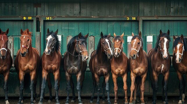 Horses lined up at the starting gate, ready to burst into action as the race is about to begin.