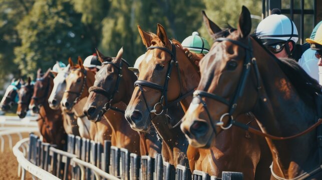 Horses lined up at the starting gate, ready to burst into action as the race is about to begin.