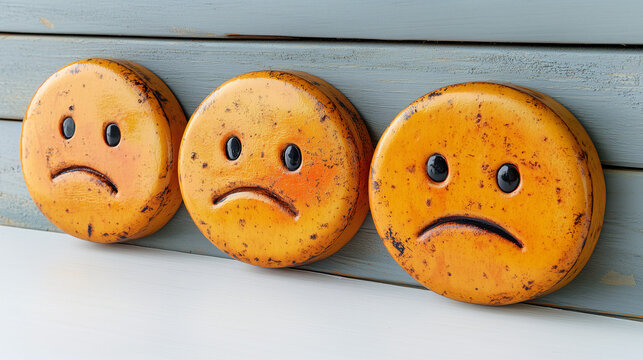 Sad Emojies: Three Round Wooden Faces with Sad Expressions on Wall