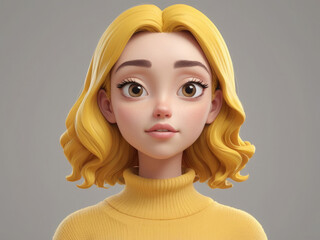 Cartoon character young woman portrait in yellow sweater in 3d style design on light background.